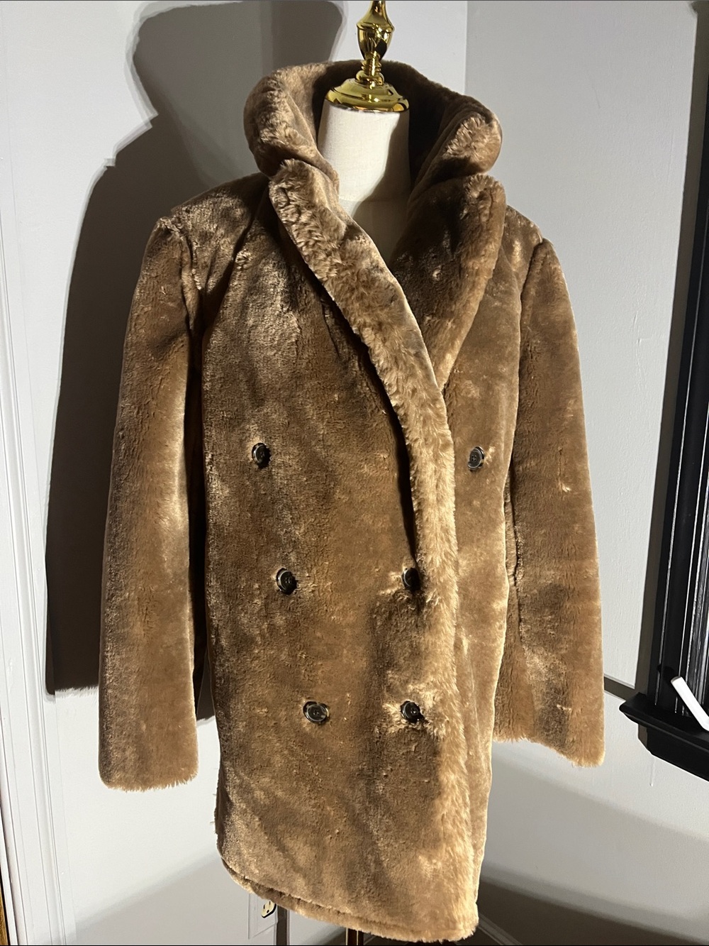 J. Crew NWOT Brown Double-Breasted Faux Fur Pea Coat - Size M